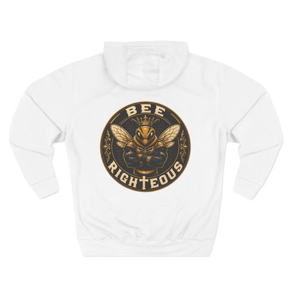 White hoodie with a black and gold graphic design on a white background