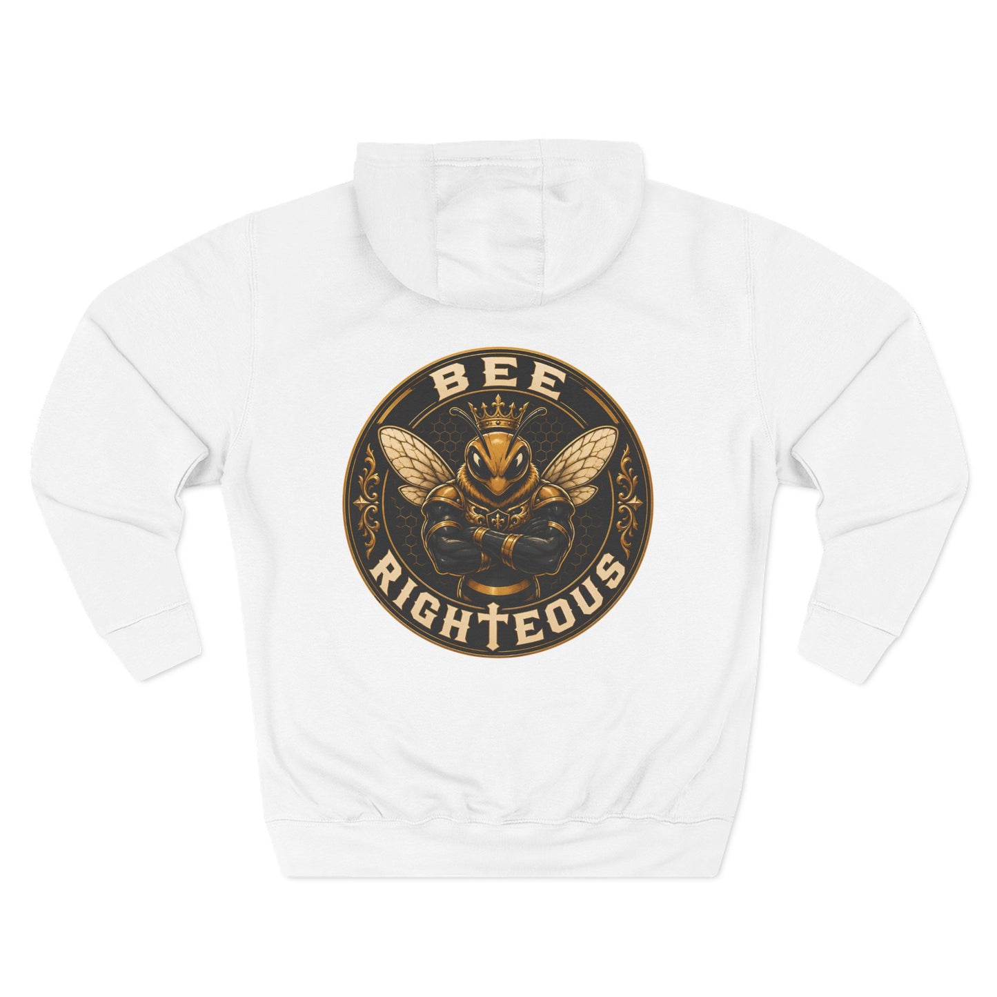White hoodie with a black and gold graphic design on a white background