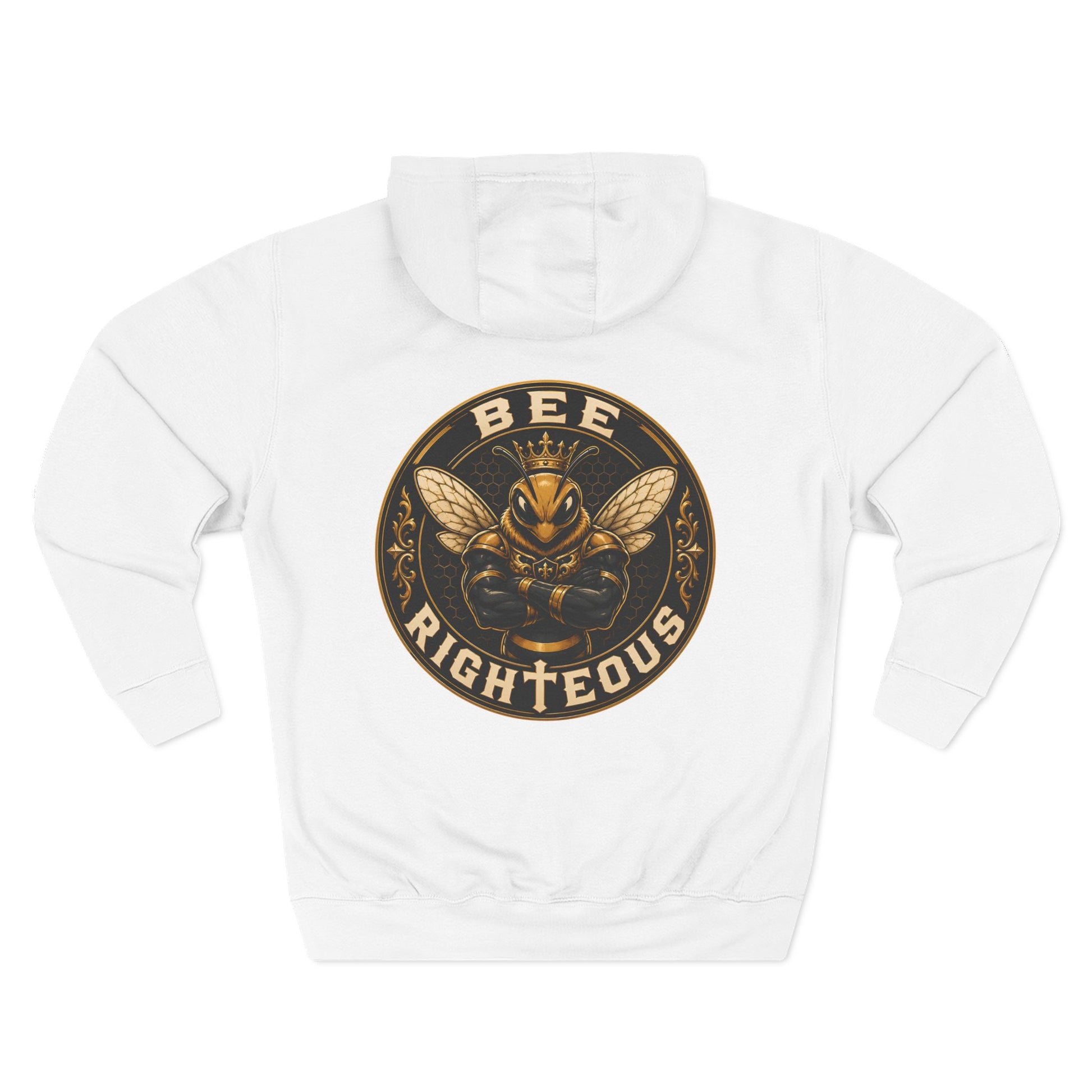 White hoodie with a black and gold graphic design on a white background