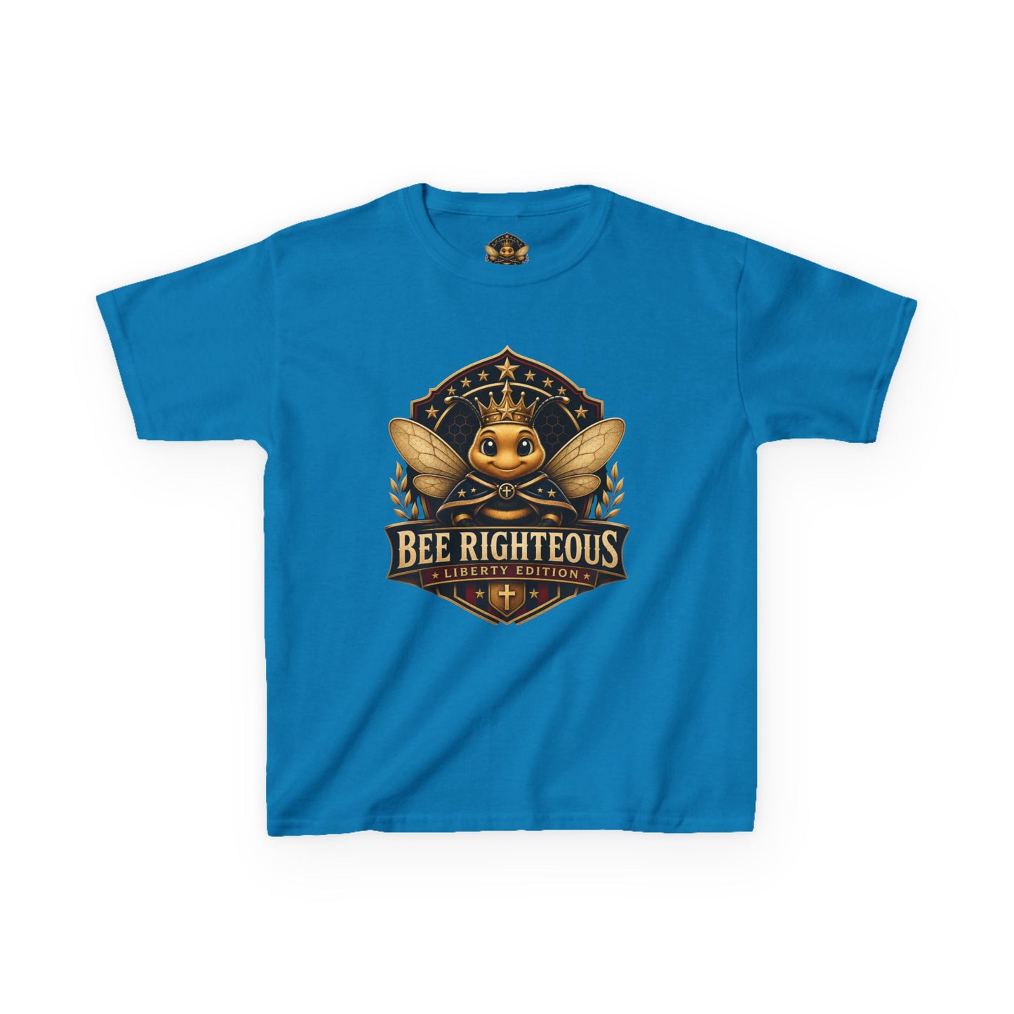 Blue t-shirt with a bee-themed graphic and text on a white background