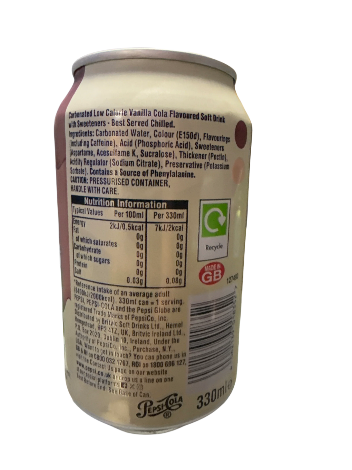 Pepsi Zero Cream Soda Flavoured Can 355ML - U.K Edition