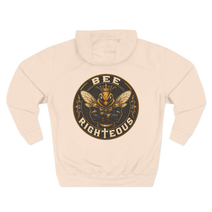 Beige hoodie with a bee-themed graphic and text on a white background