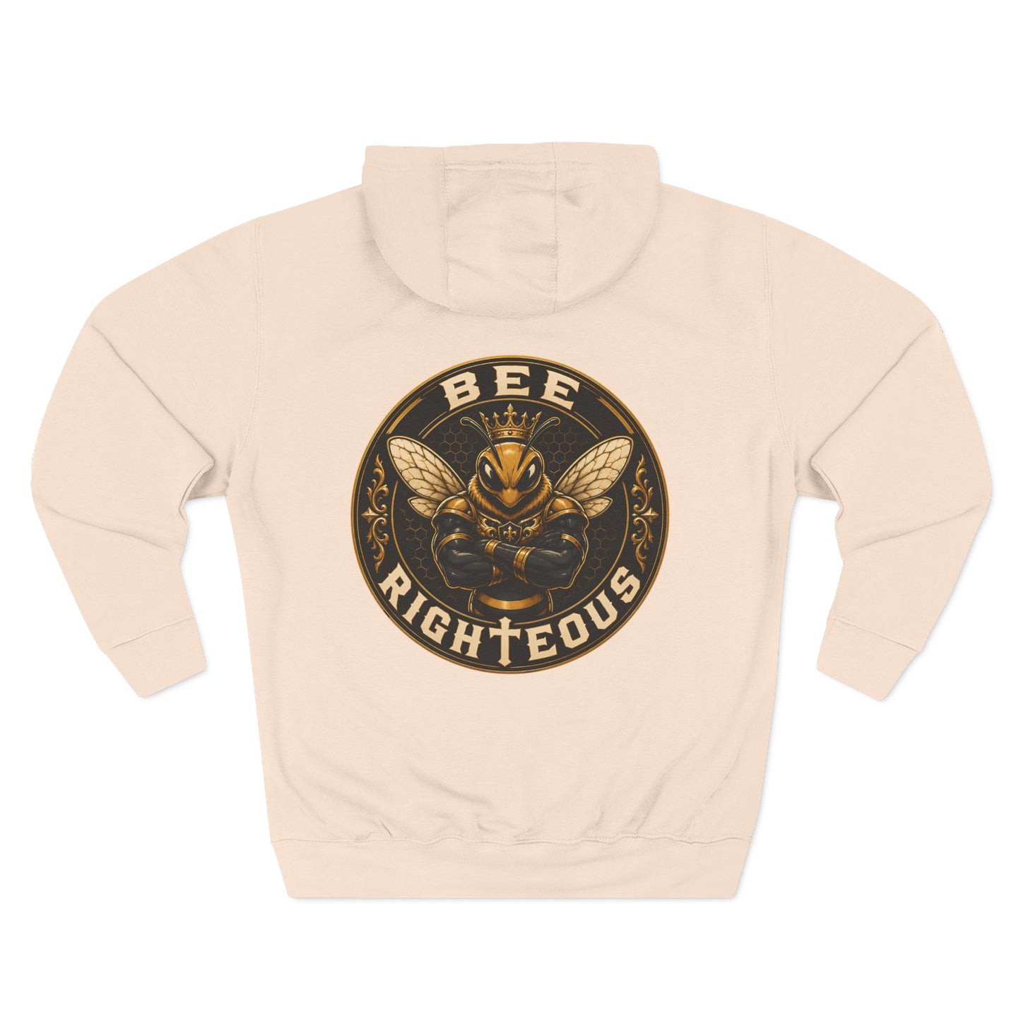 Beige hoodie with a bee-themed graphic and text on a white background