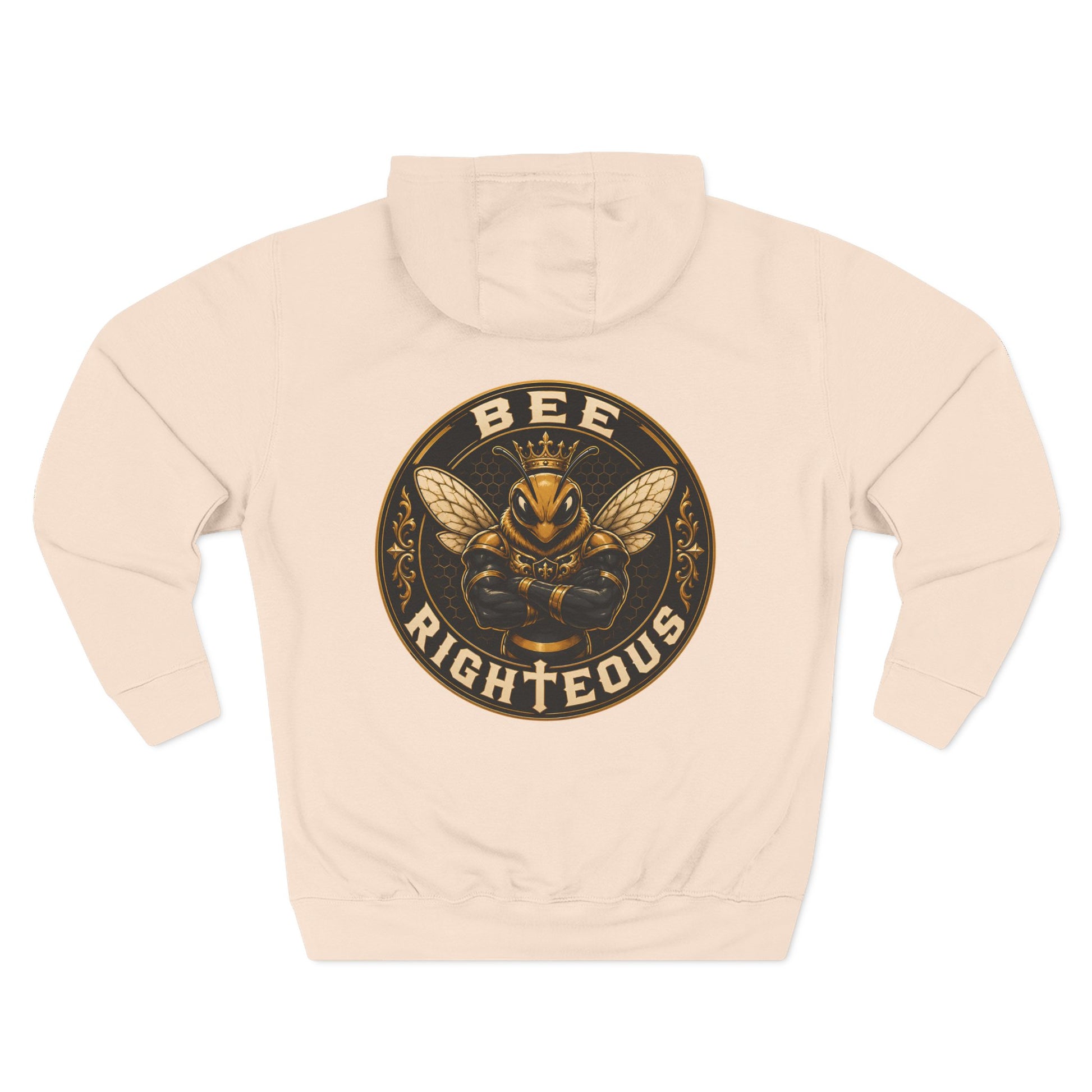 Beige hoodie with a bee-themed graphic and text on a white background