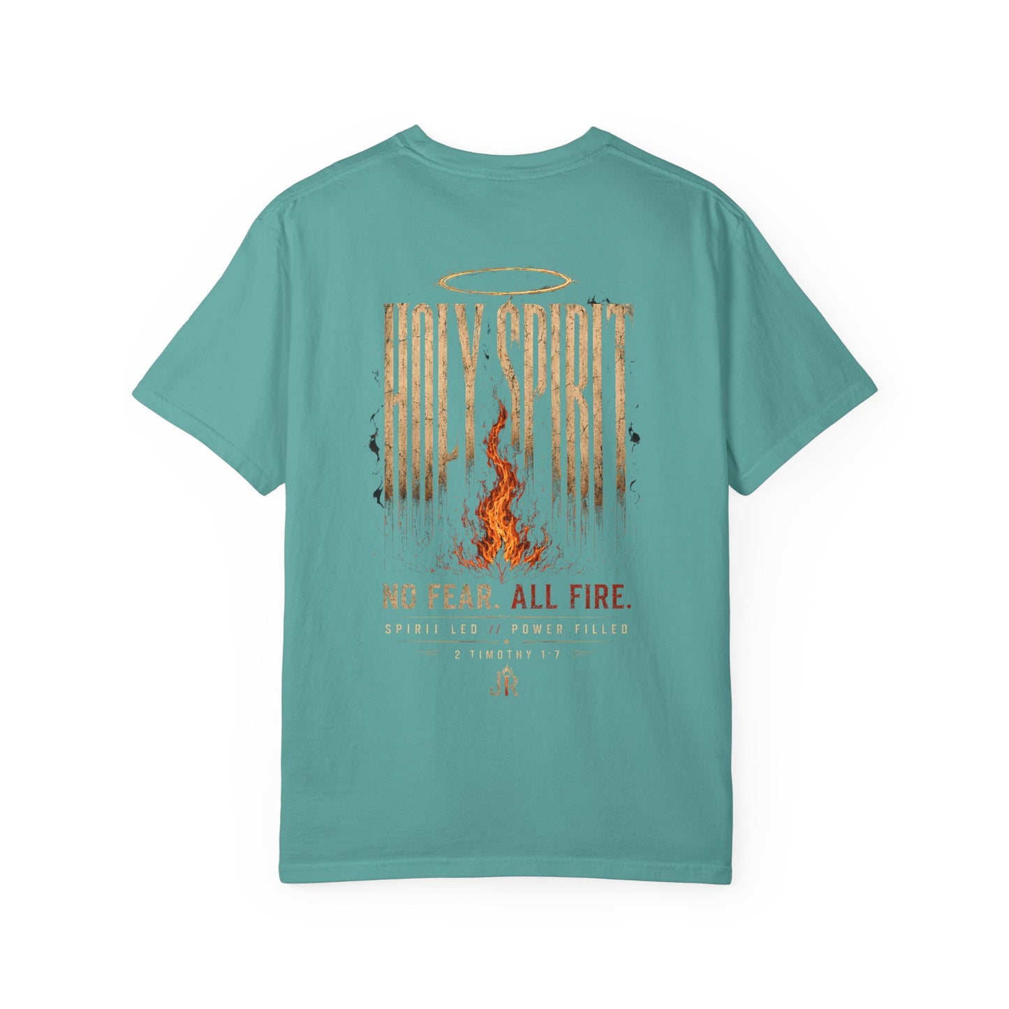 Teal t-shirt with 'Holy Spirit' design on a white background