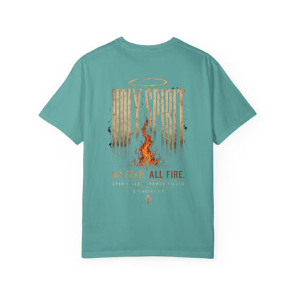 Teal t-shirt with 'Holy Spirit' design on a white background