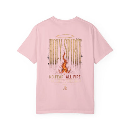 Pink t-shirt with 'Holy Spirit No Fear. All Fire.' text and design on a white background