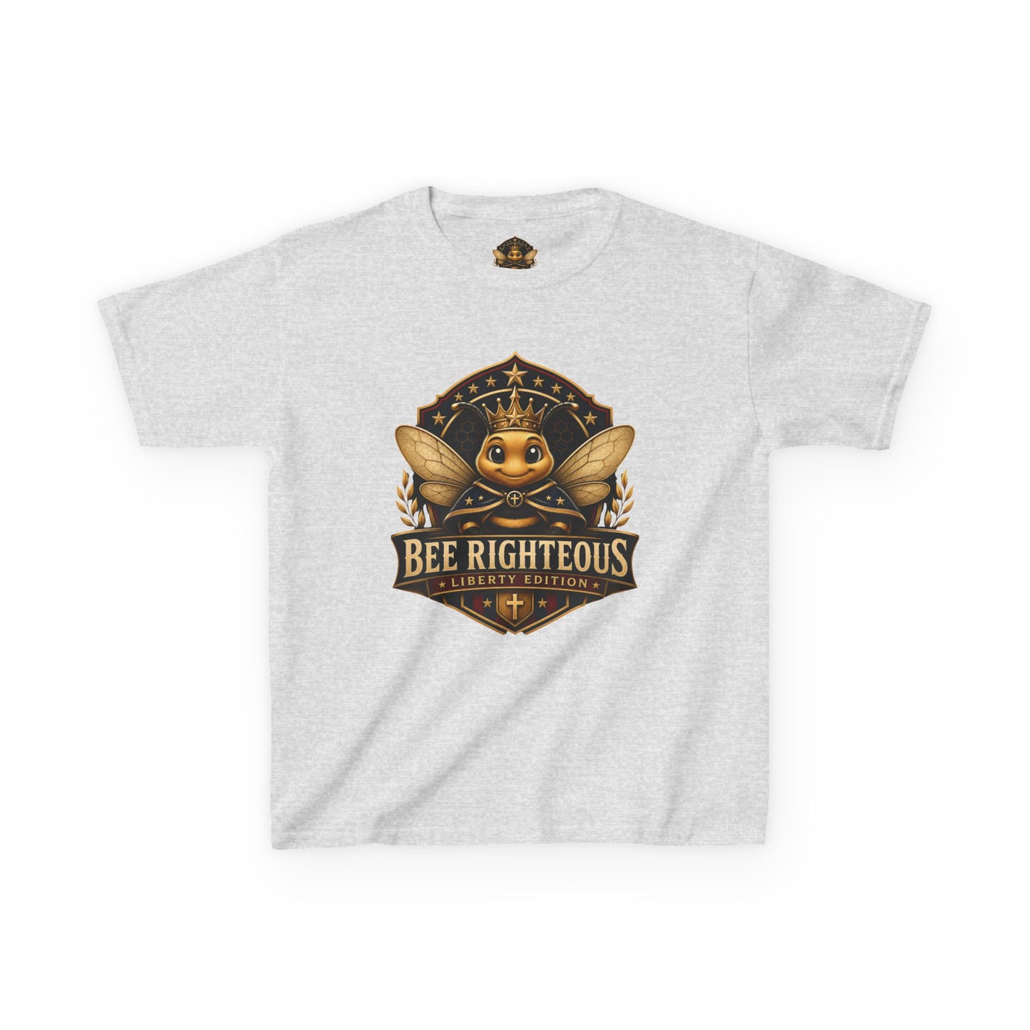 Gray t-shirt with a bee-themed graphic and text on a white background