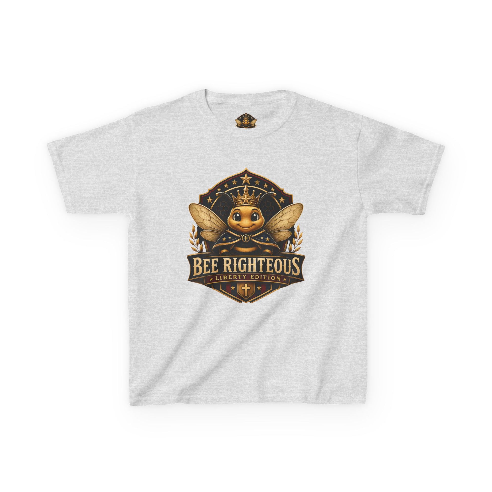 Gray t-shirt with a bee-themed graphic and text on a white background