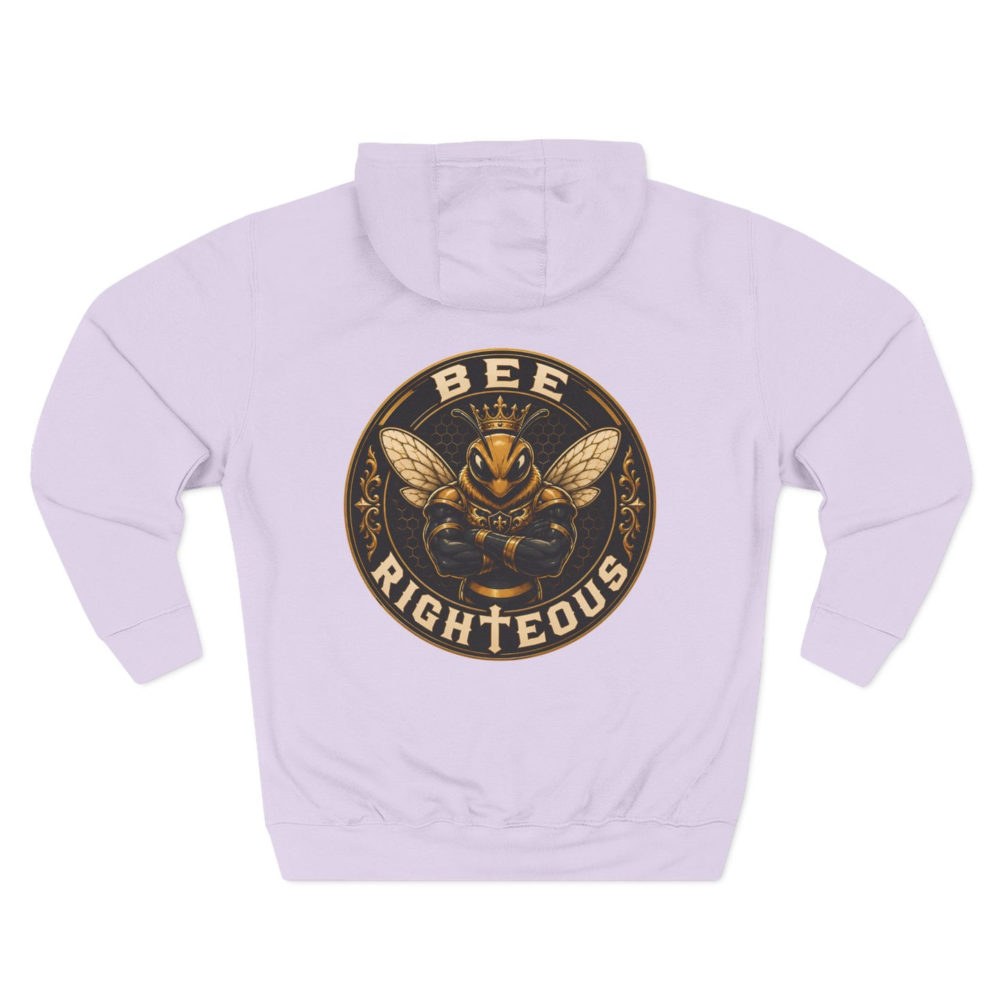 Light purple hoodie with 'BEE RIGHTEOUS' graphic on a white background