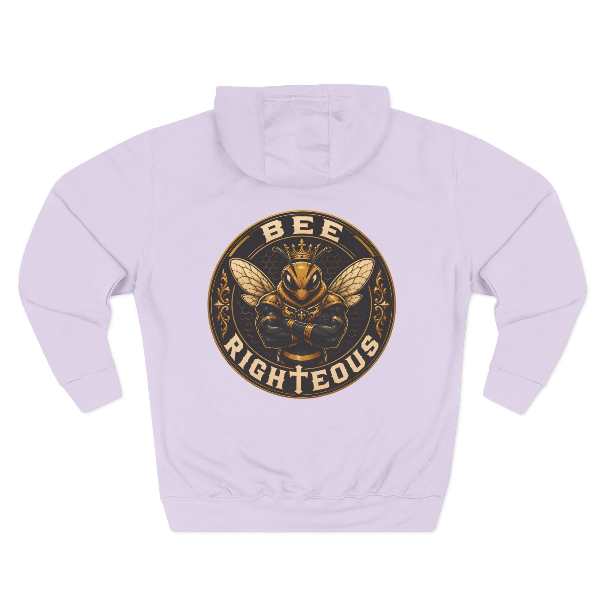 Light purple hoodie with 'BEE RIGHTEOUS' graphic on a white background