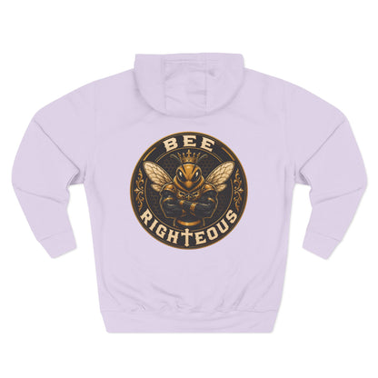Light purple hoodie with 'BEE RIGHTEOUS' graphic on a white background