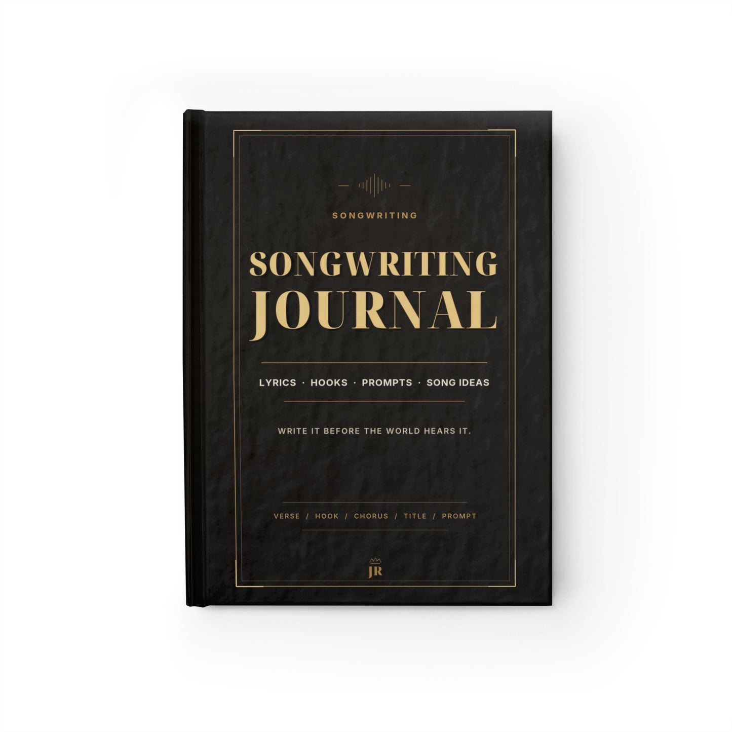 Songwriting journal with gold text on a black cover against a white background
