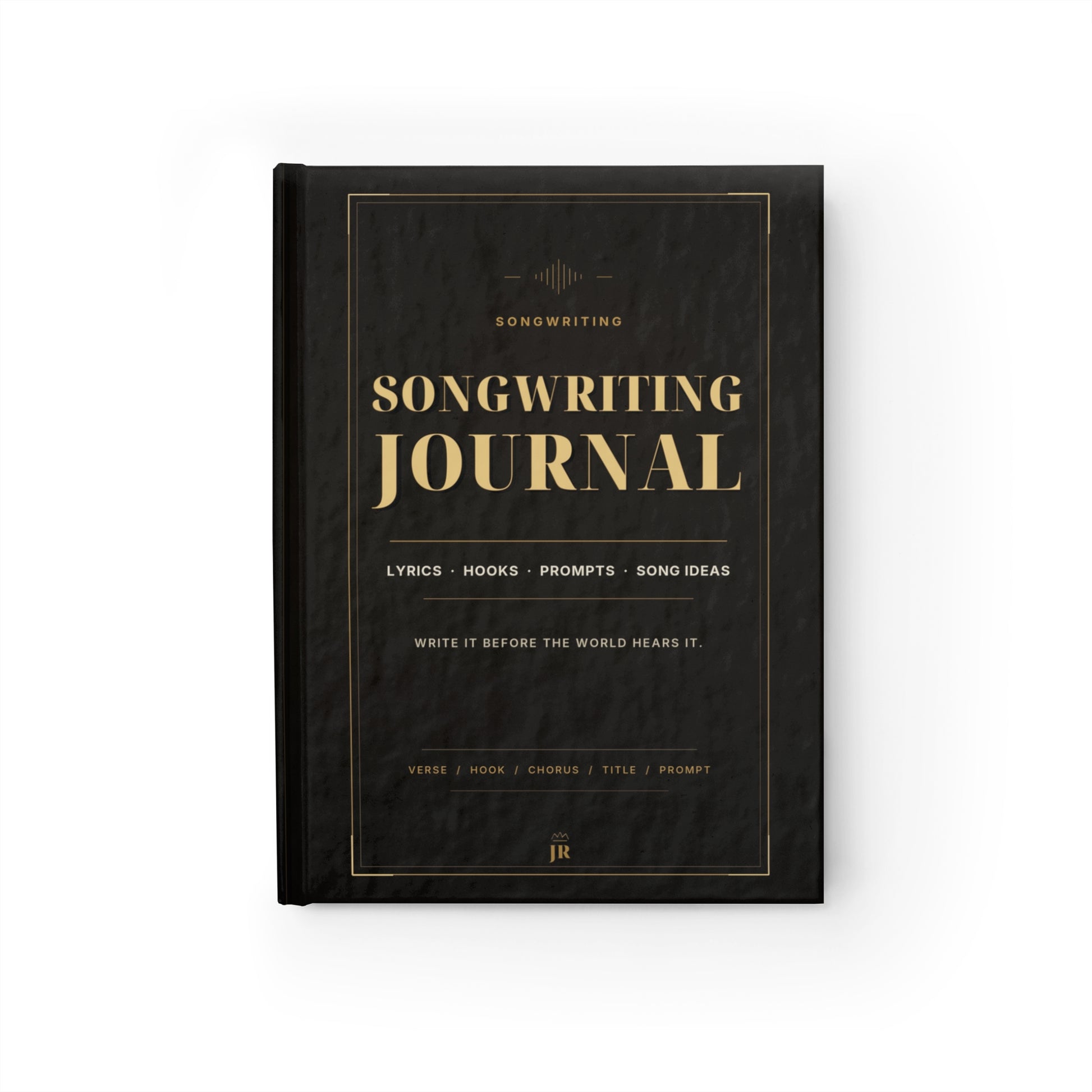 Songwriting journal with gold text on a black cover against a white background