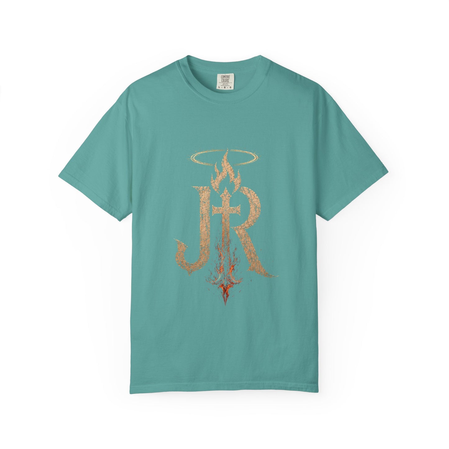 Teal t-shirt with gold and red graphic design on a white background