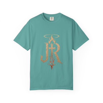 Teal t-shirt with gold and red graphic design on a white background