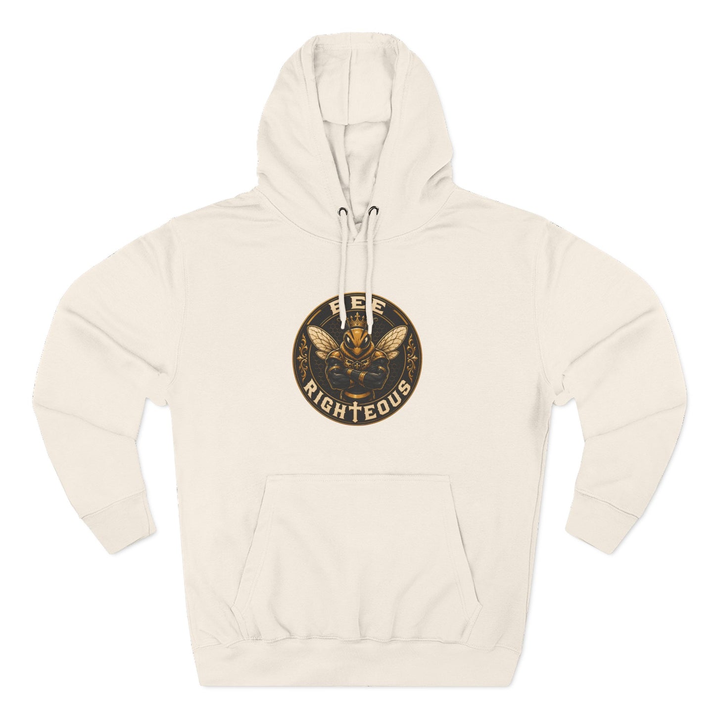 Beige hoodie with a logo on the chest against a white background