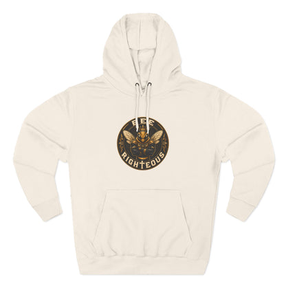 Beige hoodie with a logo on the chest against a white background