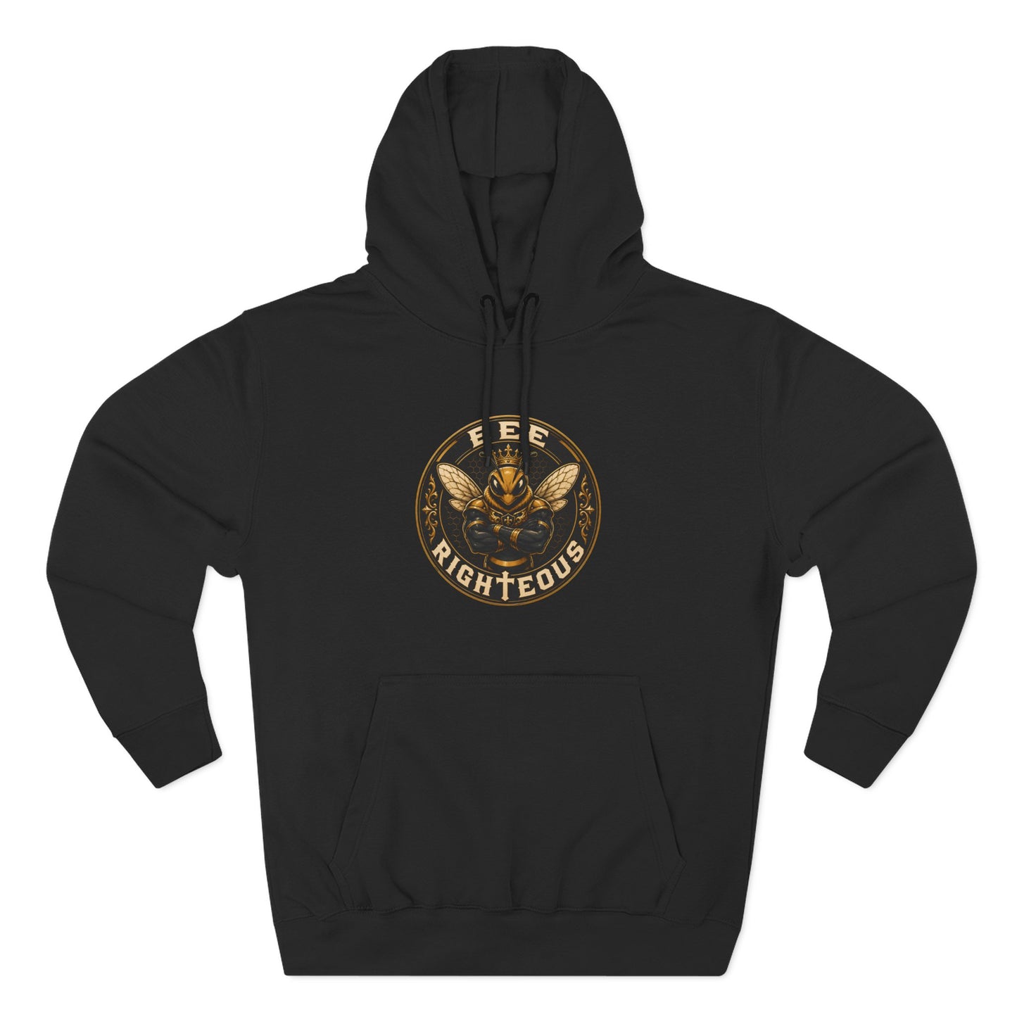 Black hoodie with a colorful graphic and text on a white background