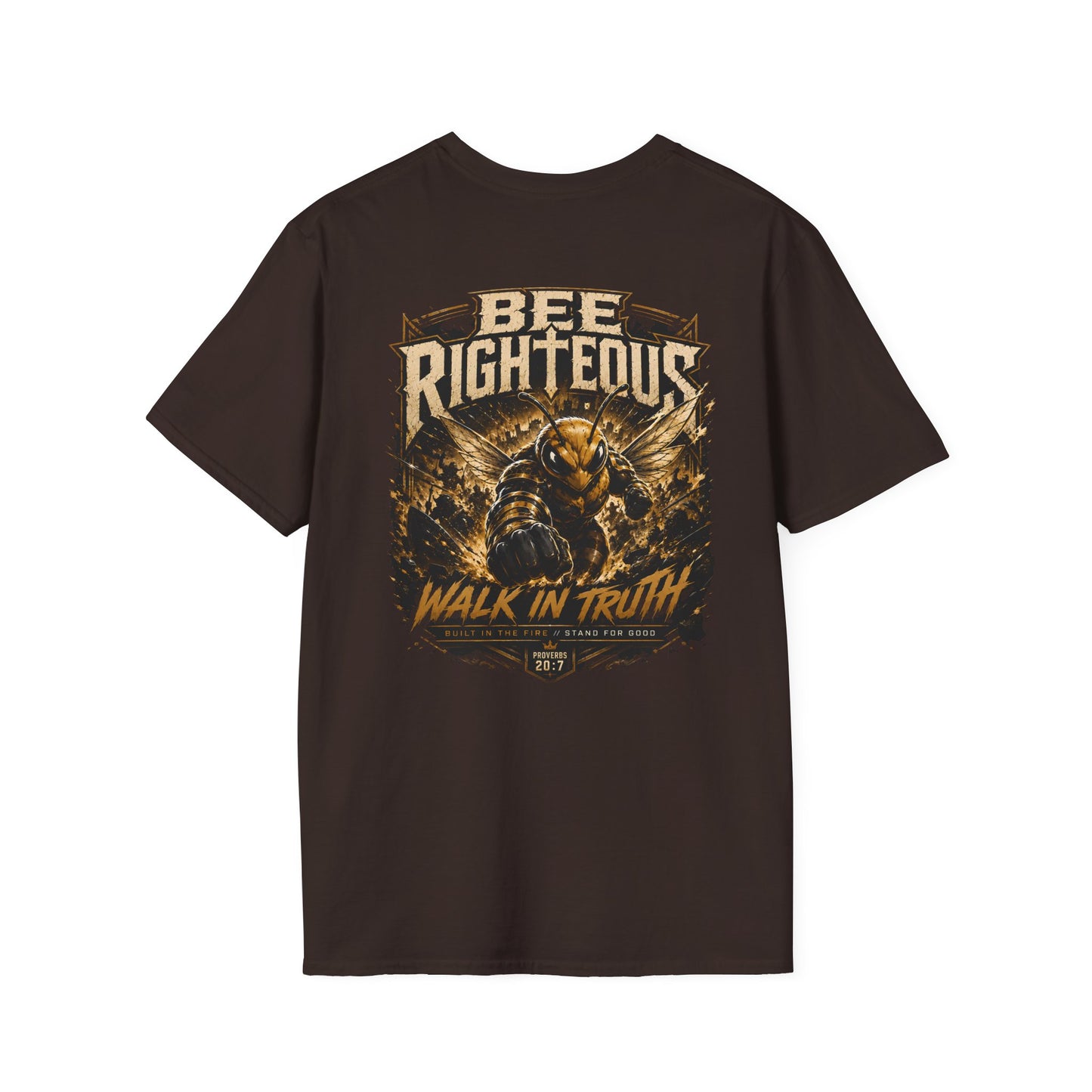 Black t-shirt with a ship and octopus graphic and text on a white background