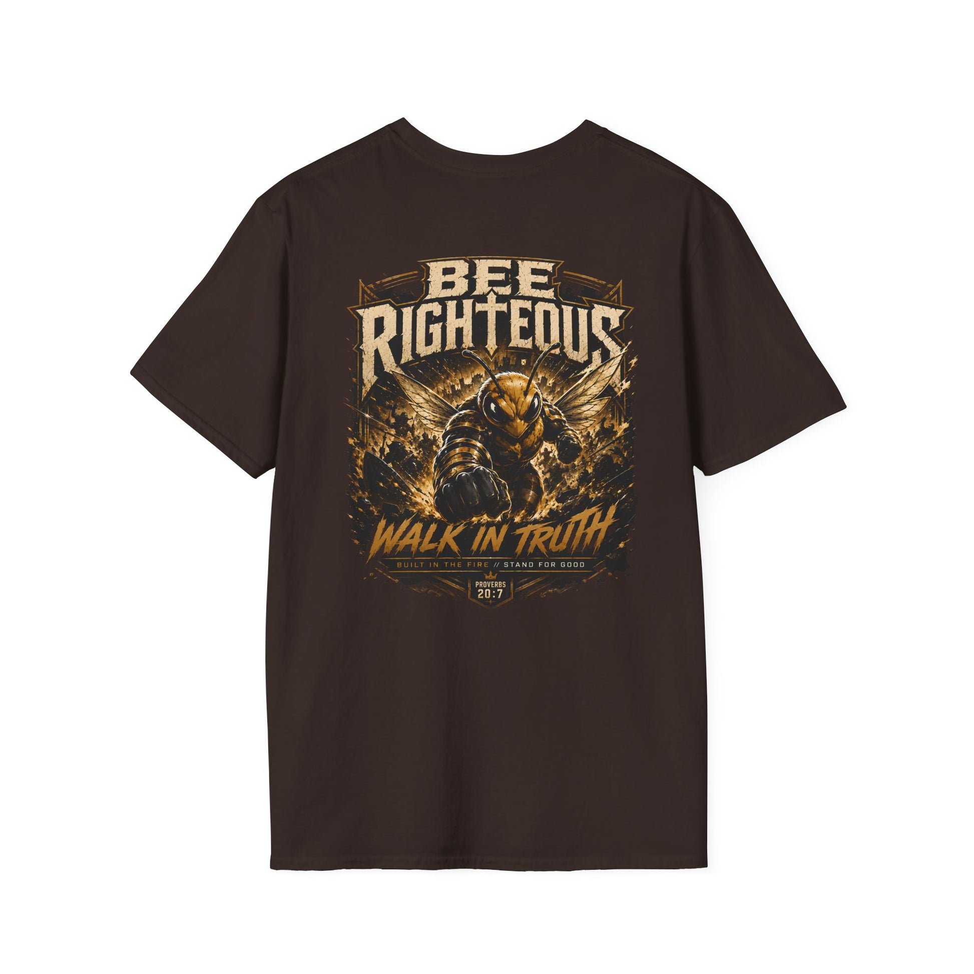 Black t-shirt with a ship and octopus graphic and text on a white background