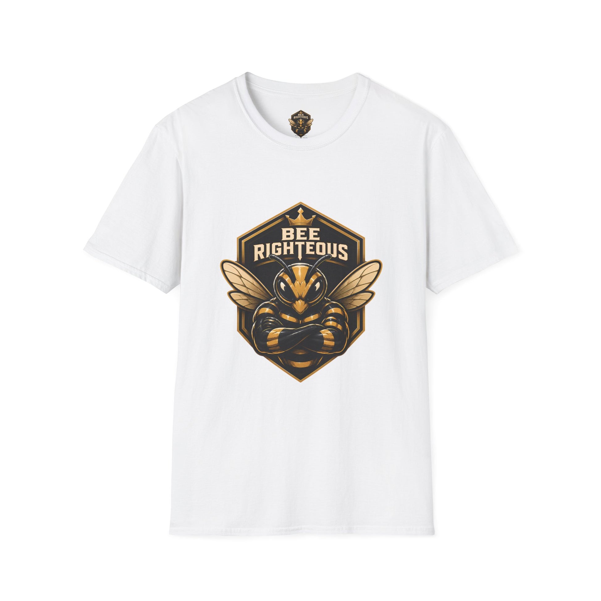 White t-shirt with a black and gold graphic of a bee and text 'Bee Righteous' on a white background