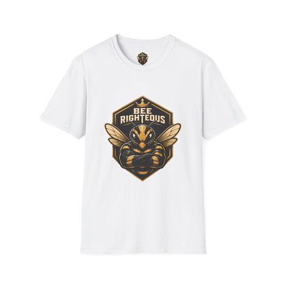 White t-shirt with a black and gold graphic of a bee and text 'Bee Righteous' on a white background