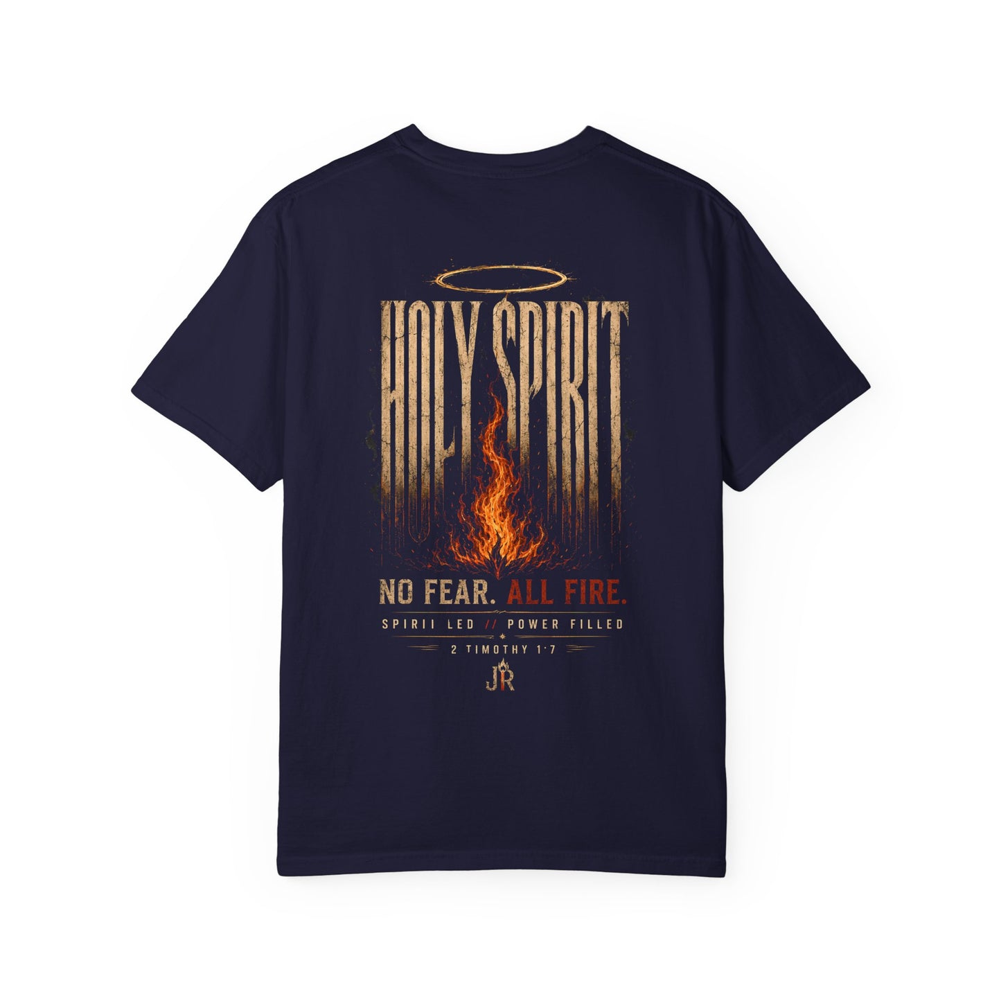 Navy blue t-shirt with 'Holy Spirit' design on a white background