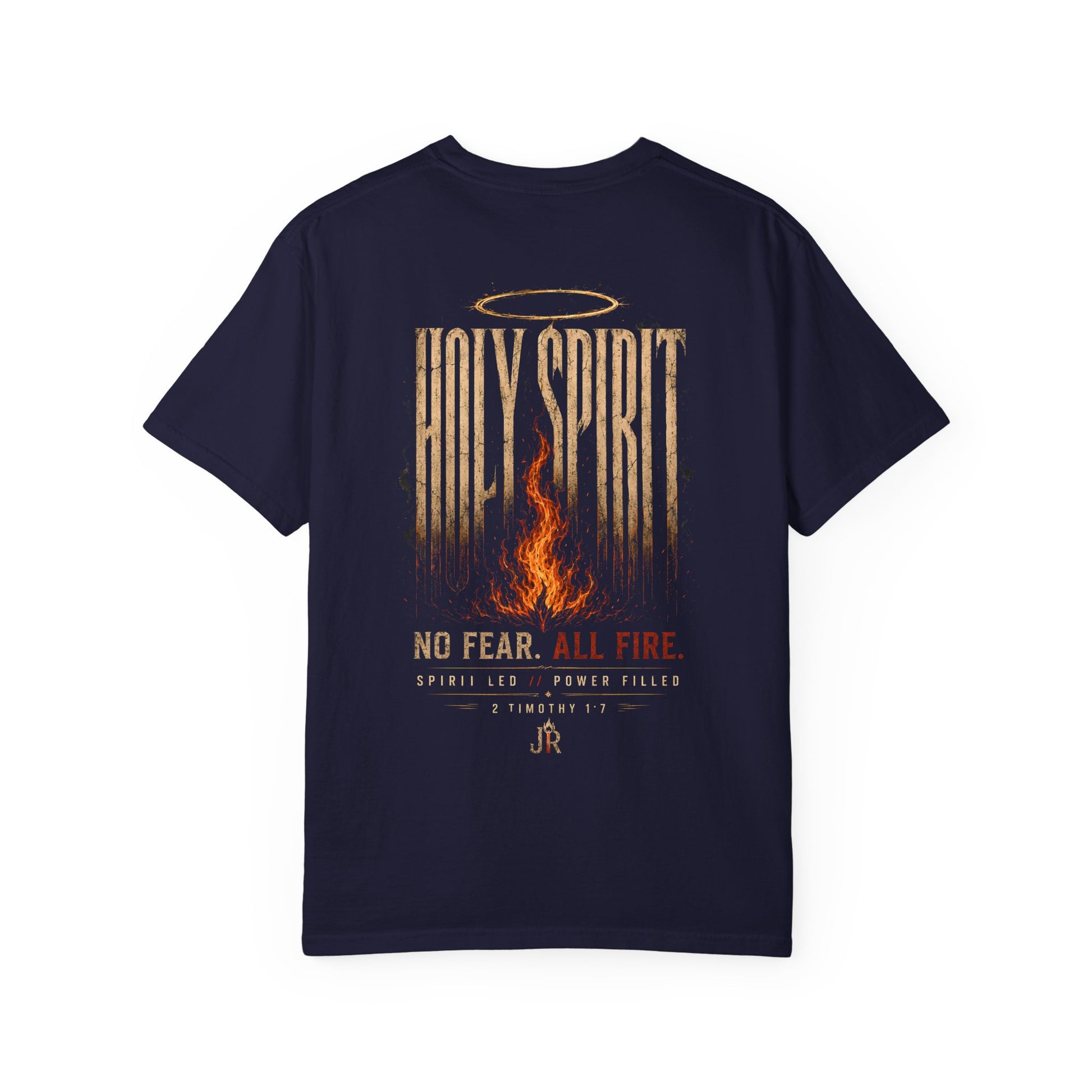 Navy blue t-shirt with 'Holy Spirit' design on a white background