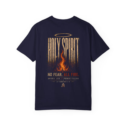Navy blue t-shirt with 'Holy Spirit' design on a white background