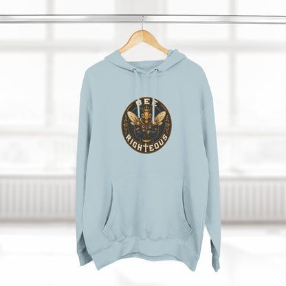Light blue hoodie with a logo on a wooden hanger against a white background