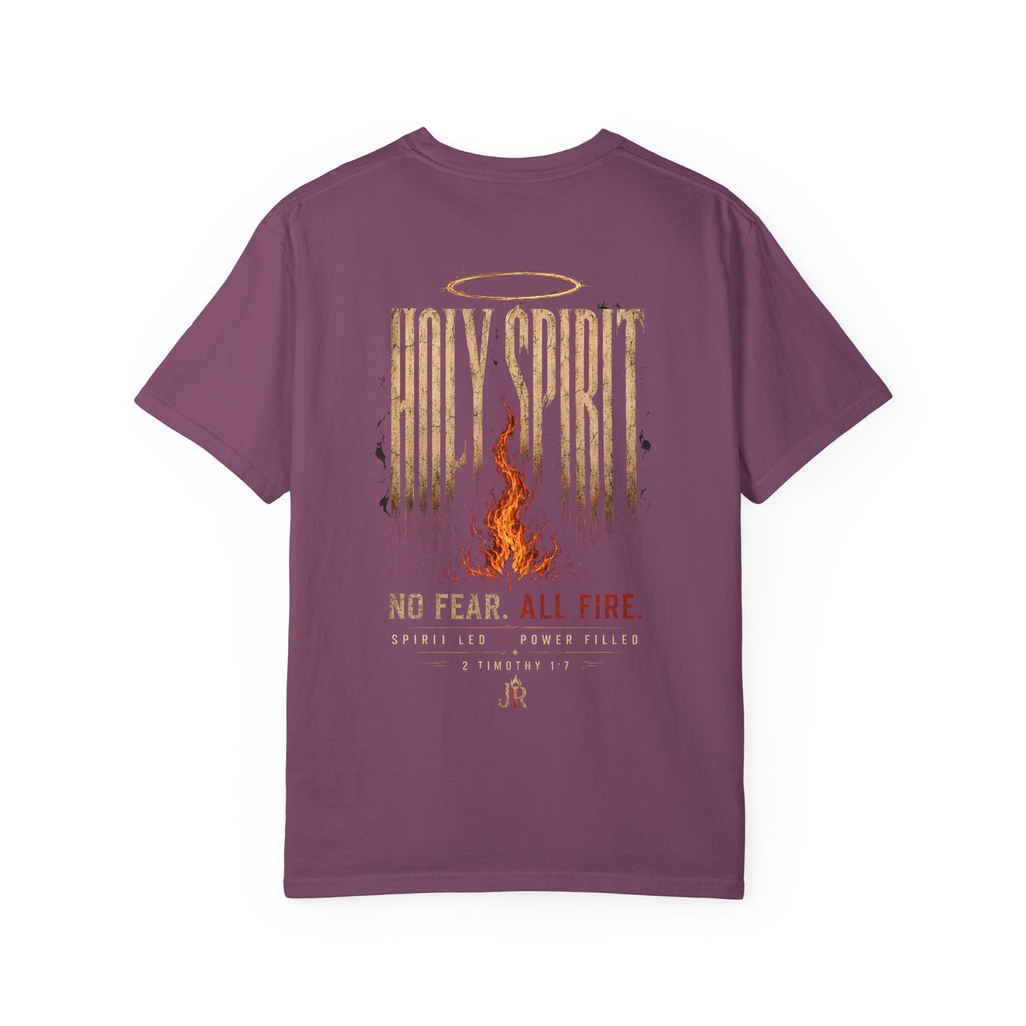Purple t-shirt with 'Holy Spirit' design on a white background