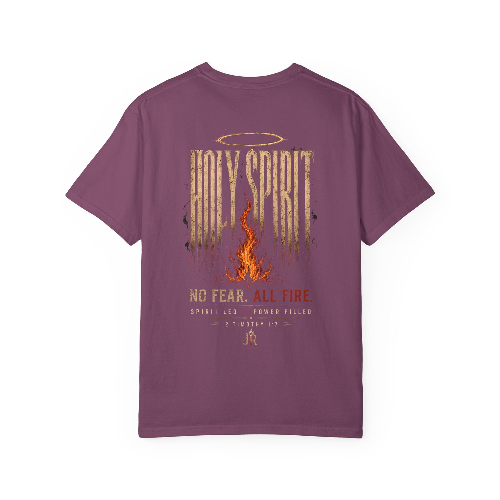 Purple t-shirt with 'Holy Spirit' design on a white background