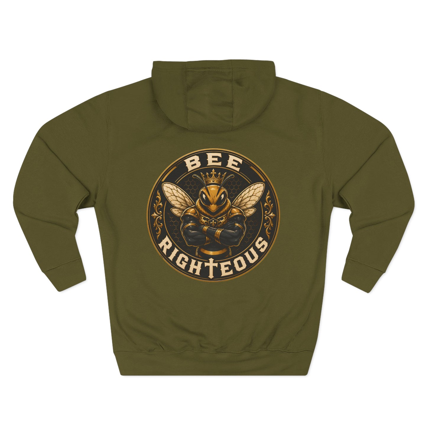 Green hoodie with a black graphic on the back against a white background