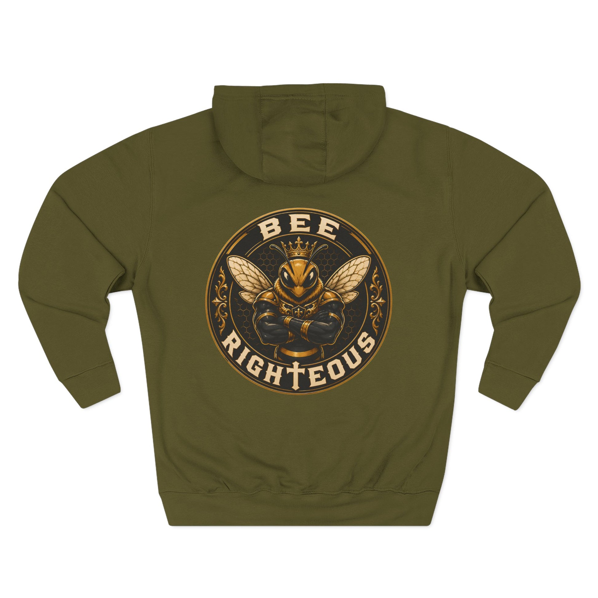 Green hoodie with a black graphic on the back against a white background