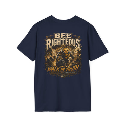 Navy blue t-shirt with graphic design and text on a white background