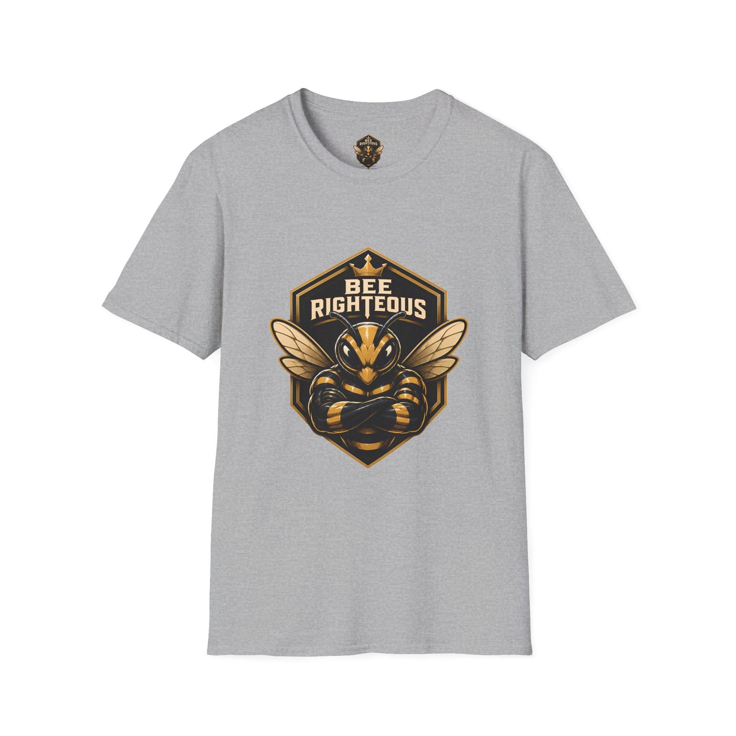 Gray t-shirt with a bee-themed graphic and 'Bee Righteous' text on a white background