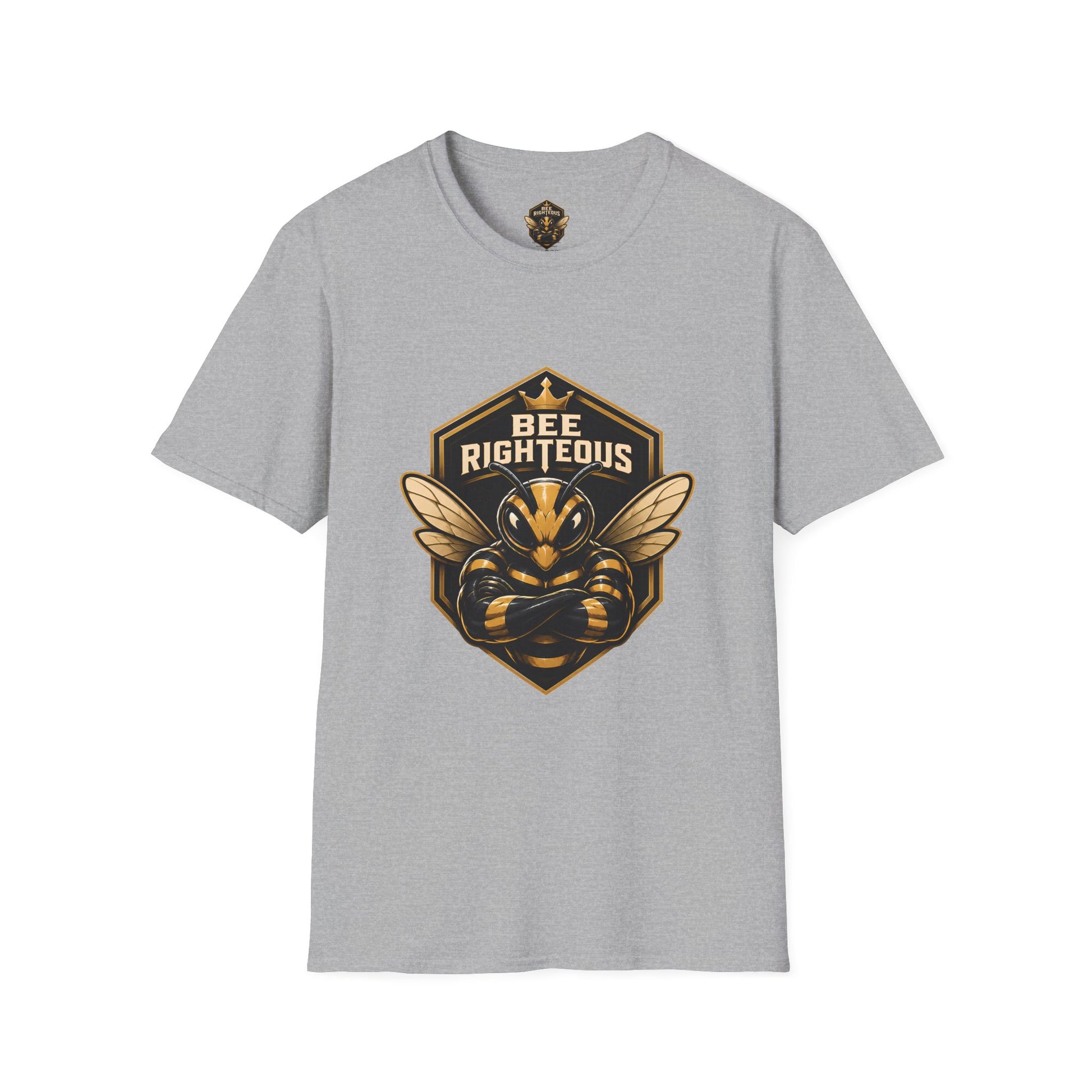 Gray t-shirt with a bee-themed graphic and 'Bee Righteous' text on a white background