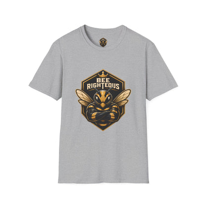 Gray t-shirt with a bee-themed graphic and 'Bee Righteous' text on a white background
