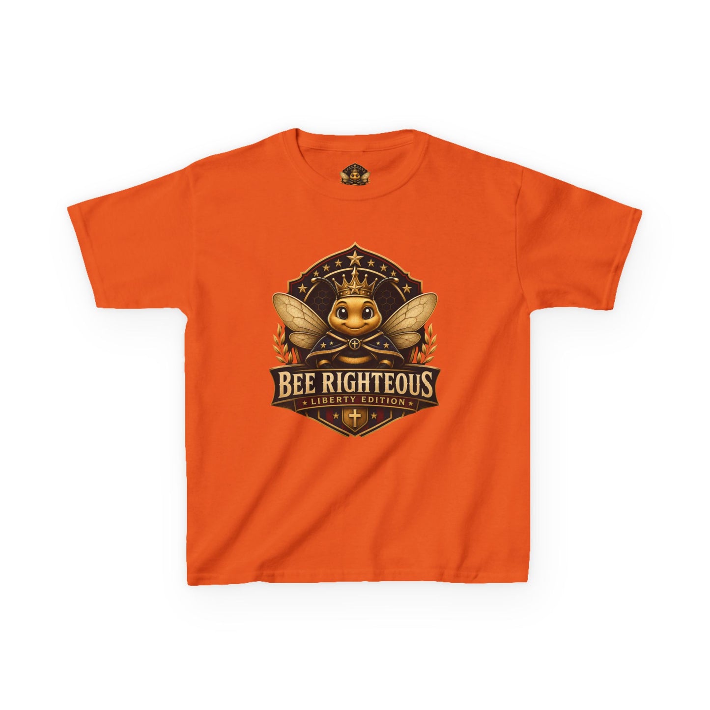Orange t-shirt with a bee graphic and 'Bee Righteous' text on a white background