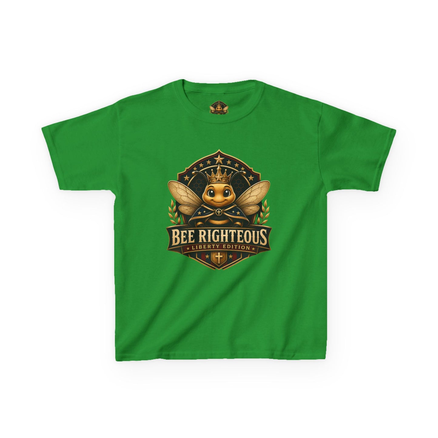 Green t-shirt with a bee-themed graphic design on a white background