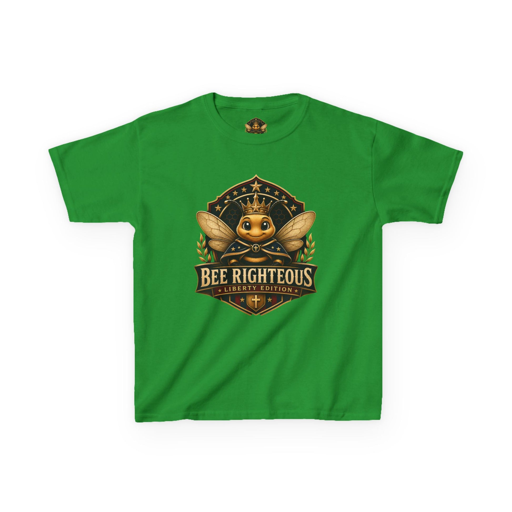 Green t-shirt with a bee-themed graphic design on a white background