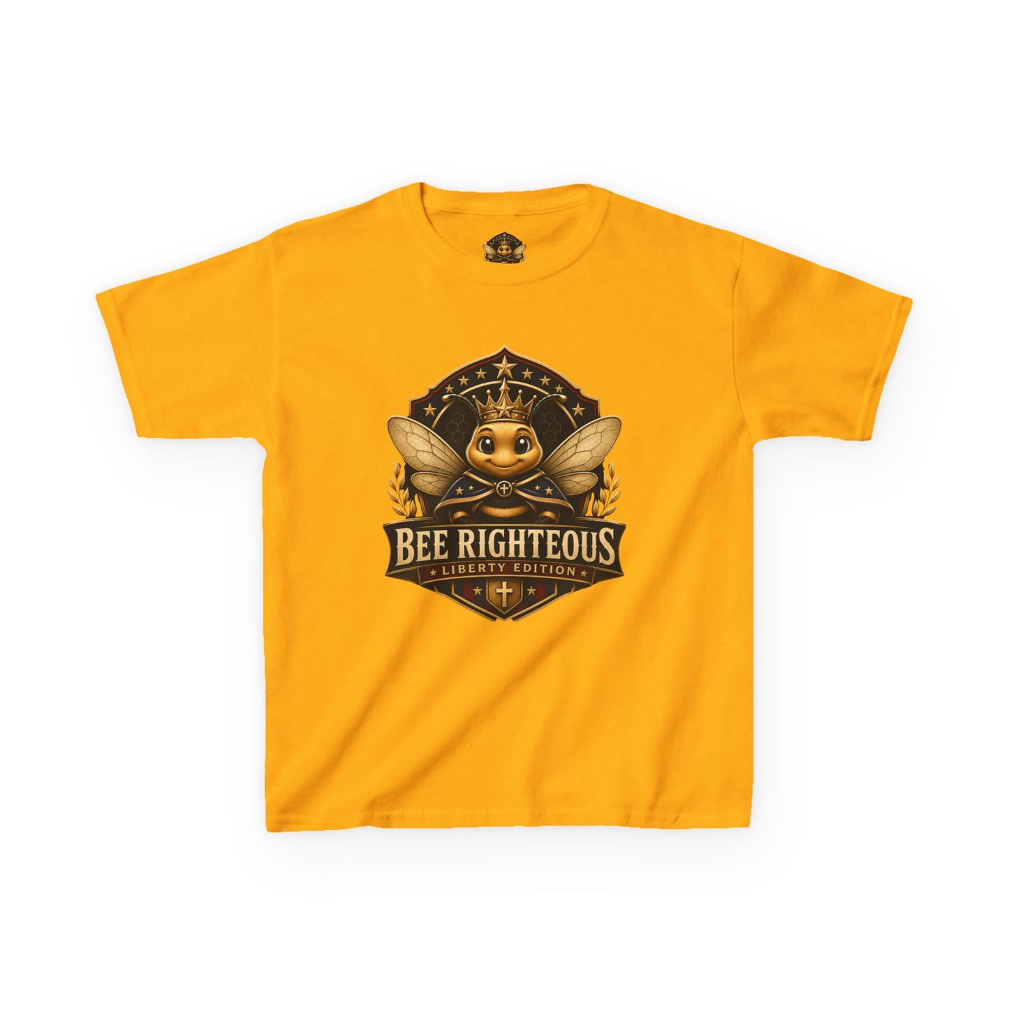 Yellow t-shirt with a bee graphic and text on a white background