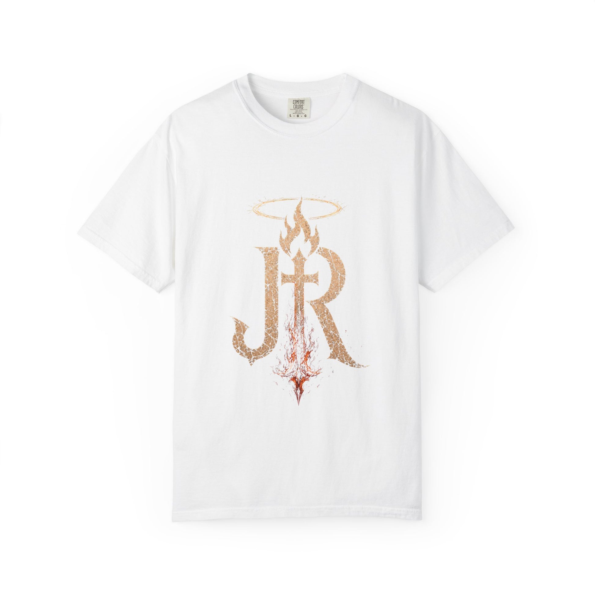 White t-shirt with gold and red graphic design on a white background