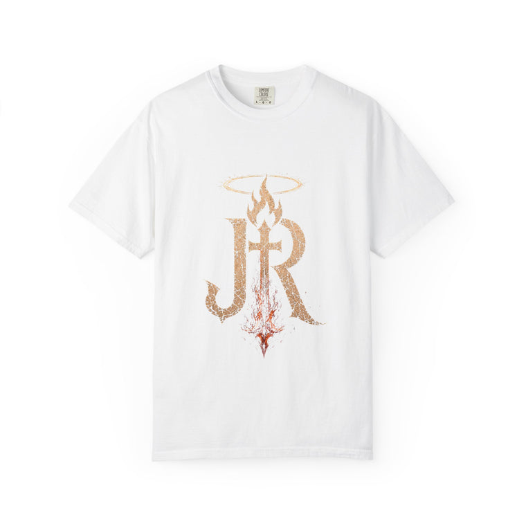 White t-shirt with gold and red graphic design on a white background