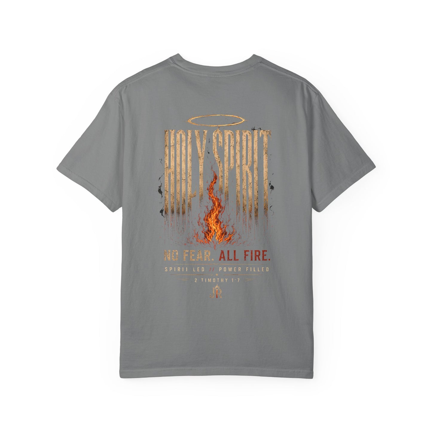 Gray t-shirt with 'Holy Spirit' design on a white background