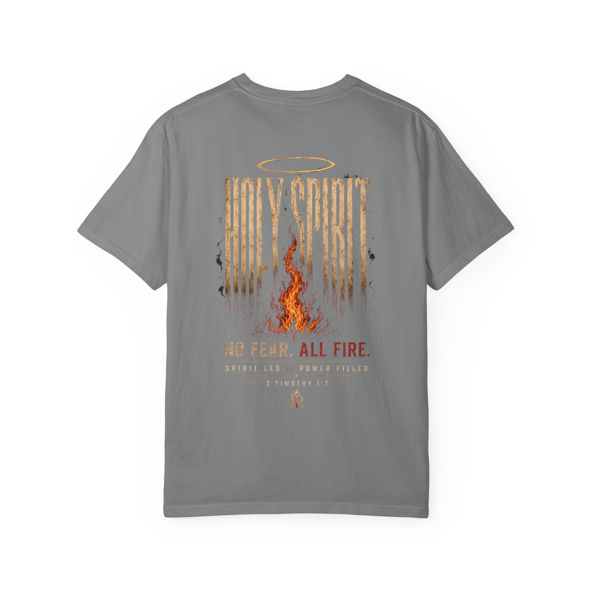 Gray t-shirt with 'Holy Spirit' design on a white background
