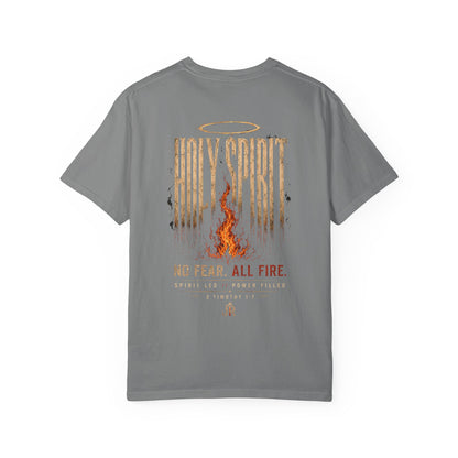 Gray t-shirt with 'Holy Spirit' design on a white background