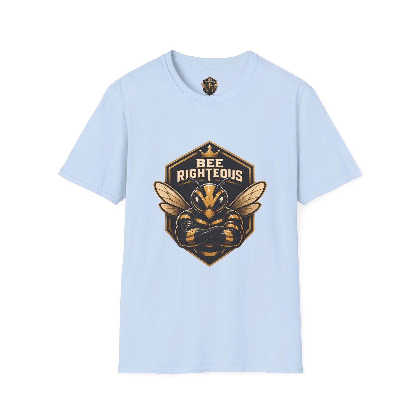 Light blue t-shirt with a bee-themed graphic and text on a white background