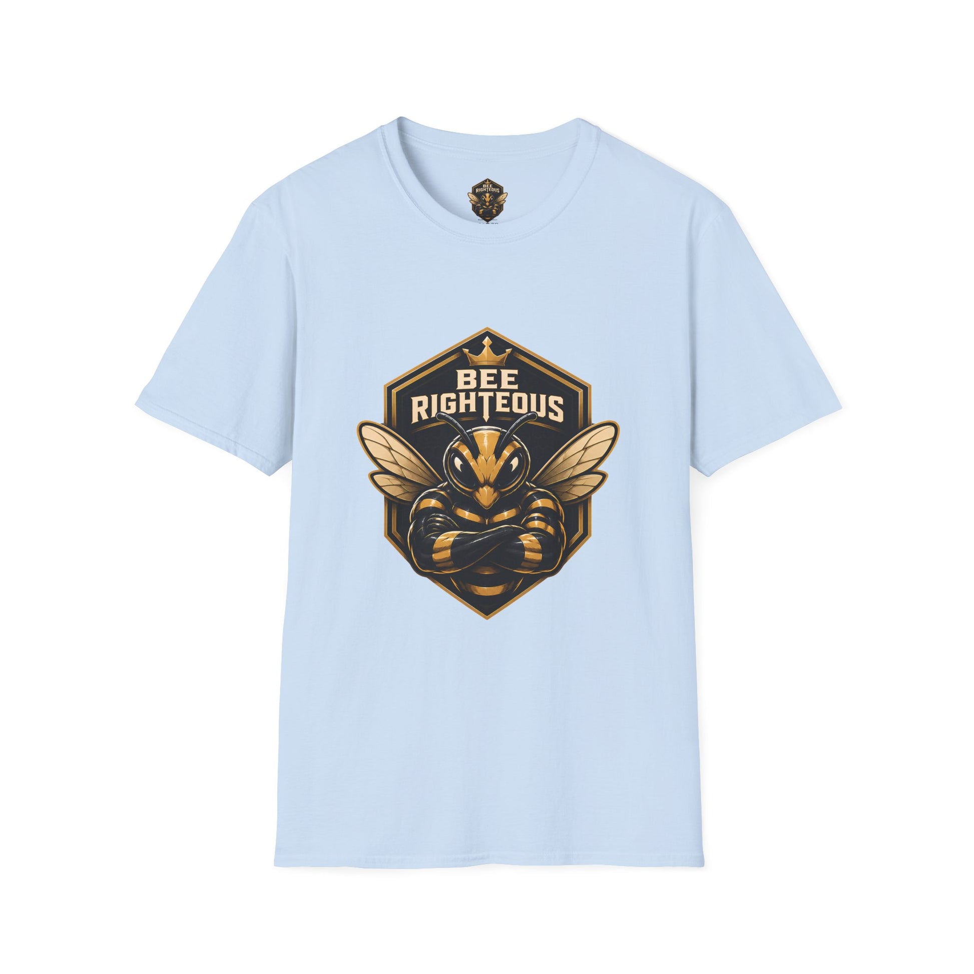 Light blue t-shirt with a bee-themed graphic and text on a white background